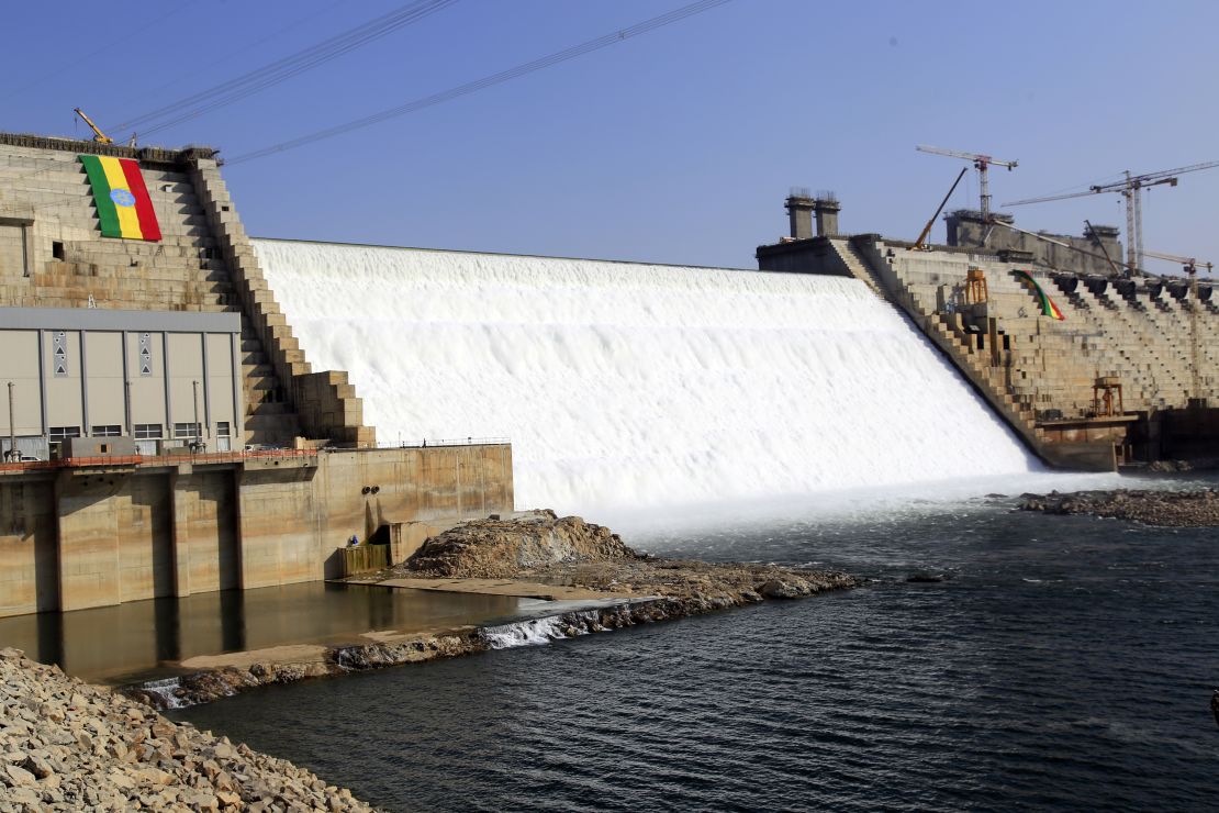 BENISHANGUL-GUMUZ, ETHIOPIA - FEBRUARY 19: A view of Grand Ethiopian Renaissance Dam, a massive hydropower plant on the River Nile that neighbors Sudan and Egypt, as the dam started to produce electricity generation in Benishangul-Gumuz, Ethiopia on February 19, 2022. Ethiopia built the dam on the Nile River in Guba, Benishangul Gumuz Region. The construction of the Grand Ethiopian Renaissance Dam has caused a row between Ethiopia and Egypt and Sudan. (Photo by Minasse Wondimu Hailu/Anadolu Agency via Getty Images)