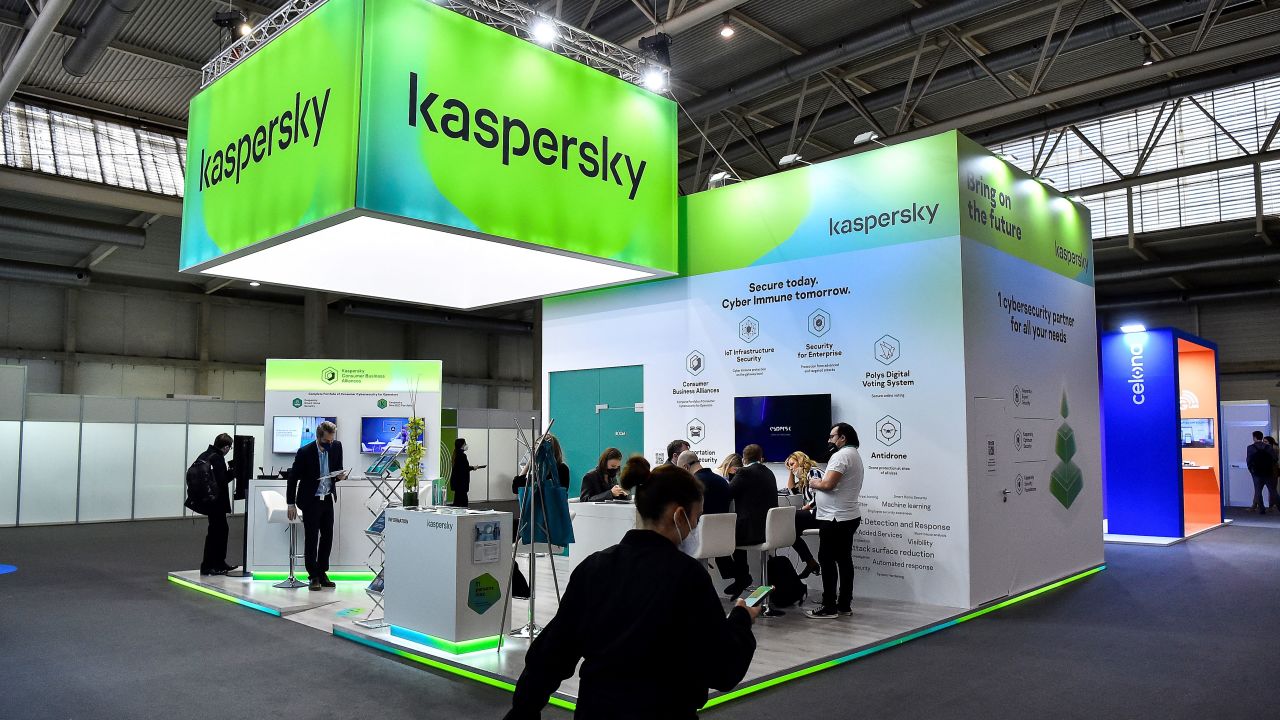 Visitors sit at the stand of Russian antivirus software development company Kaspersky Lab on the opening day of the MWC (Mobile World Congress) in Barcelona on February 28, 2022. - Organisers were hoping to return to a full-scale event after two years of disruption caused by the coronavirus pandemic, but they were forced to remove Russia's dedicated pavilion following the invasion. Some Russian companies, however, were still participating in the event (Photo by Pau BARRENA / AFP) (Photo by PAU BARRENA/AFP via Getty Images)