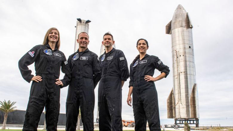 BOCA CHICA, TX - FEBRUARY 11:  The Crew of the next SpaceX private astronaut flight called Polaris Dawn, (Left to Right) Anna Menon, who works to develop astronaut operations for SpaceX, Scott Poteet, who served as the mission director of the Inspiration4 mission SpaceX, Jared Isaacman, who is financing the mission and Sarah Gillis, lead space operations engineer, SpaceX.  
Pose at the Starbase Complex in Boca Chica. Photo by Jonathan Newton/The Washington