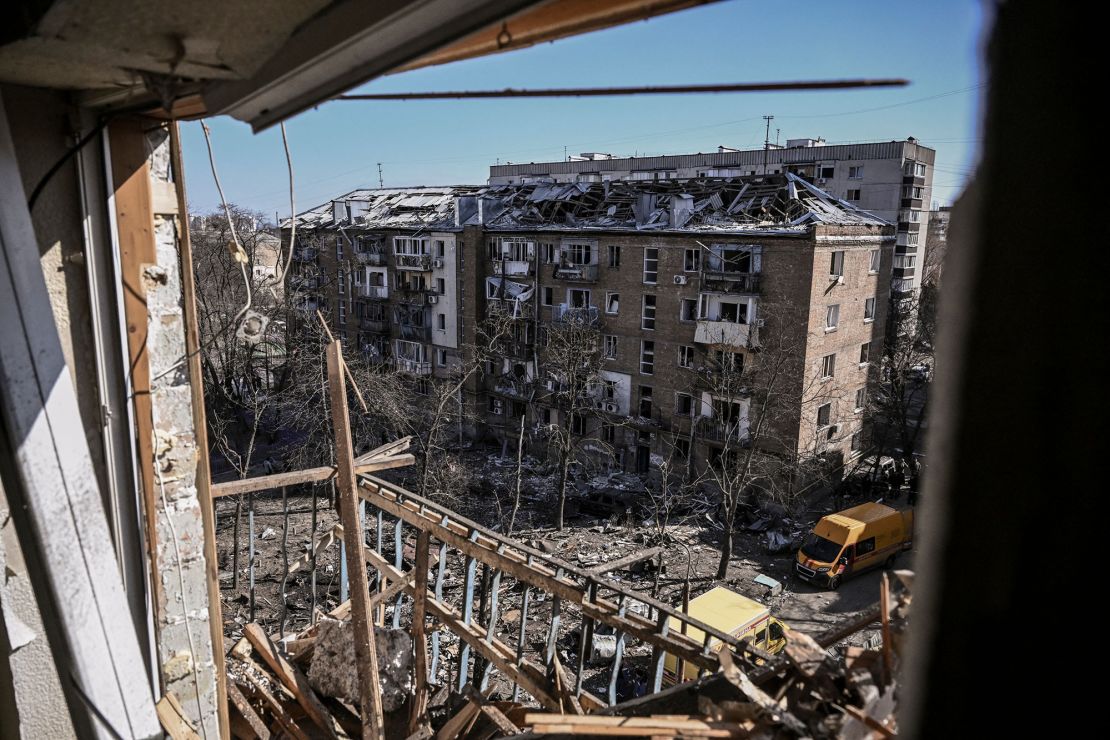 Damaged apartment buildings in a residential area after shelling in Ukraine's capital in March 2022.