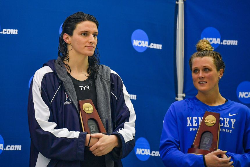 University of Pennsylvania swimmer Lia Thomas and Kentucky swimmer Riley Gaines react after finishing tied for 5th in the 200 Freestyle finals at the NCAA Swimming and Diving Championships on March 18th, 2022.