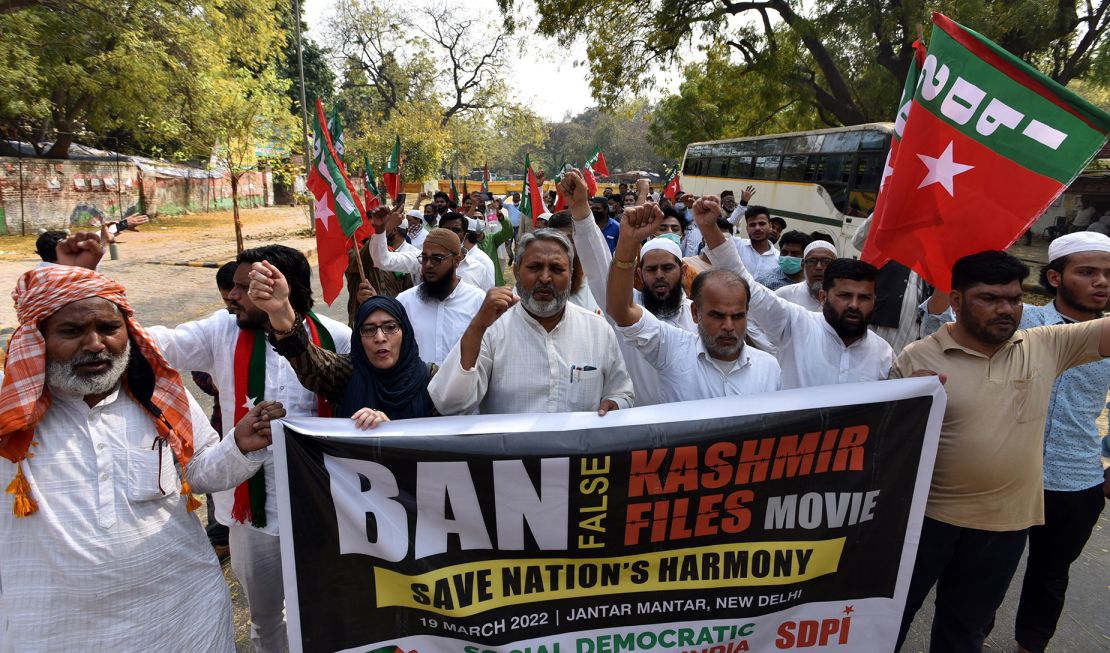 Members of the Social Democratic Party of India protesting "The Kashmir Files" and demanding a ban on the movie in New Delhi, India on March 19, 2022.