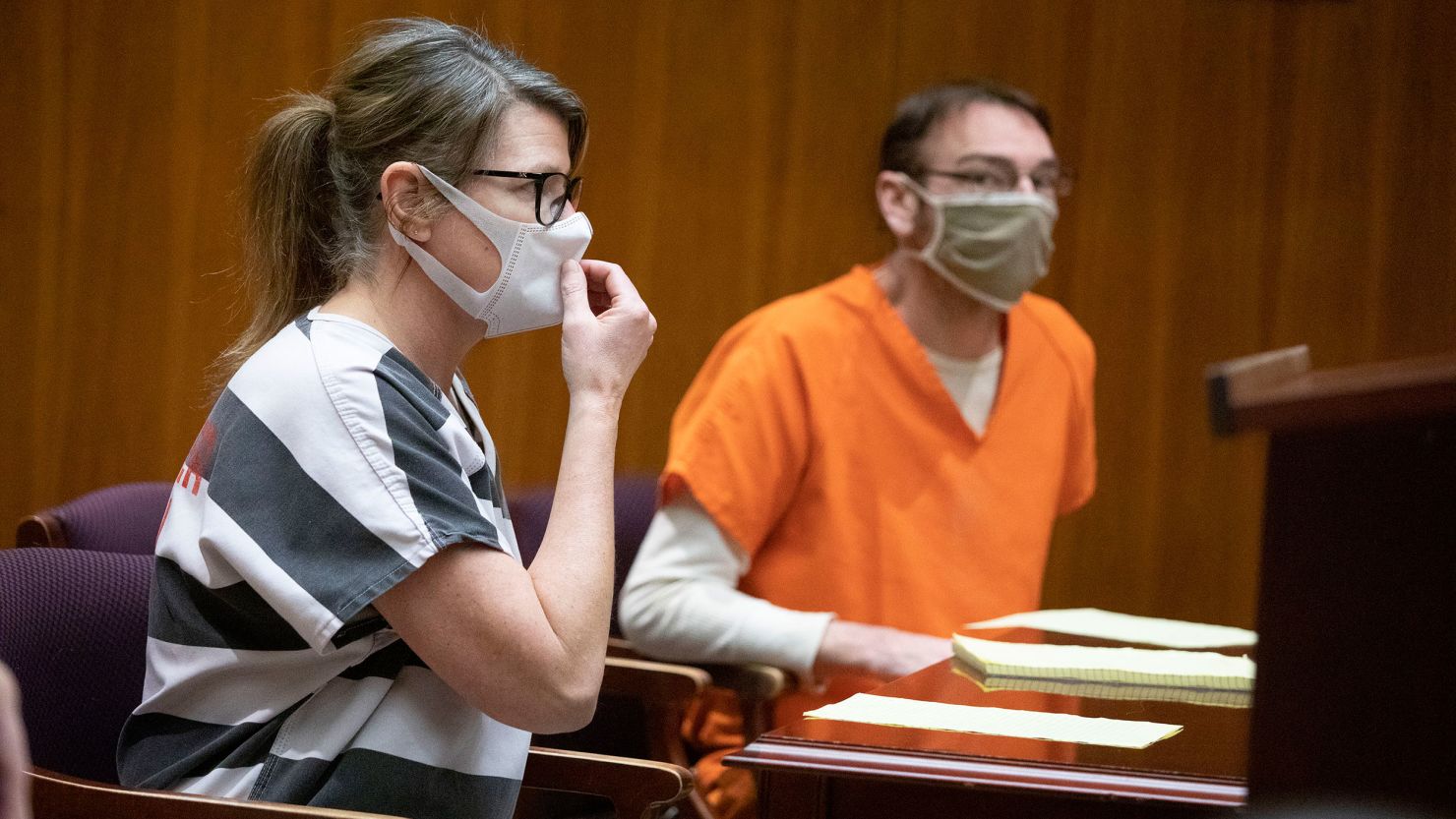 Jennifer Crumbley and her husband James Crumbley appear for their pretrial hearing on March 22, 2022, in Pontiac, Michigan.