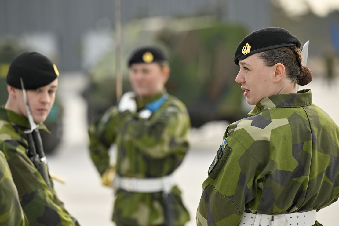 Soldiers on the parade ground at the base of the Swedish Army's Gotland Regiment near Visby, Sweden, on March 25, 2022.