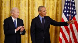 President Joe Biden and former President Barack Obama attend an event to mark the 2010 passage of the Affordable Care Act in the East Room of the White House on April 5, 2022 in Washington, DC.