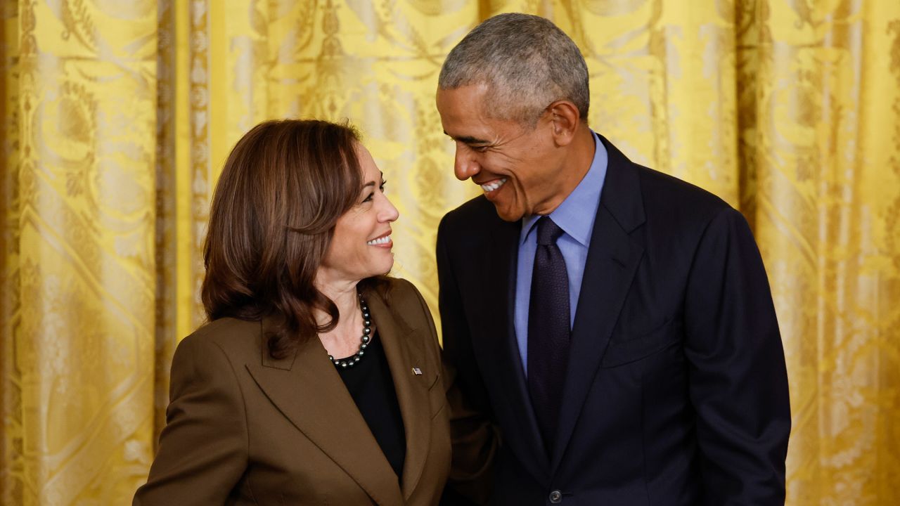 In this 2022 file photo, Vice President Kamala Harris and former President Barack Obama attend an event to mark the 2010 passage of the Affordable Care Act in the East Room of the White House in Washington, DC.