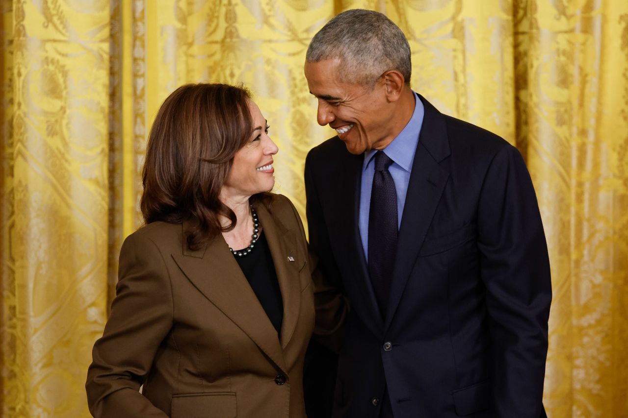 In this 2022 file photo, Vice President Kamala Harris and former President Barack Obama attend an event to mark the 2010 passage of the Affordable Care Act in the East Room of the White House in Washington, DC.