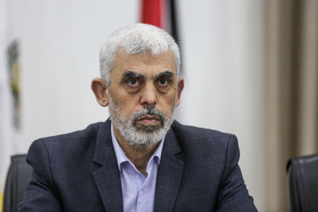 Hamas' Gaza chief Yahya Sinwar attends a meeting with members of Palestinian groups in Gaza City on April 13, 2022.
