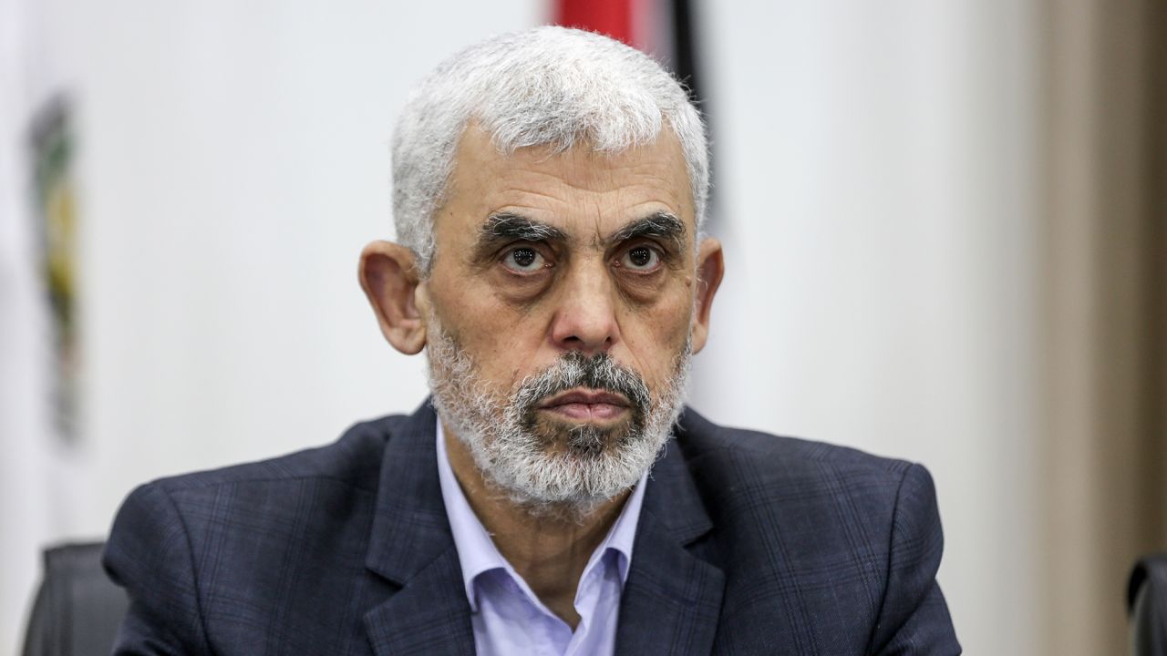 Hamas' Gaza chief Yahya Sinwar attends attends a meeting with members of Palestinian groups in Gaza City, Gaza on April 13, 2022.