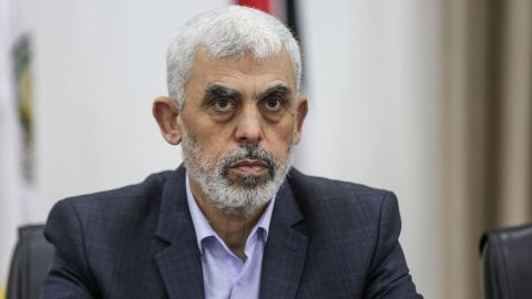 Yahya Sinwar attends attends a meeting with members of Palestinian groups in Gaza City on April 13, 2022.