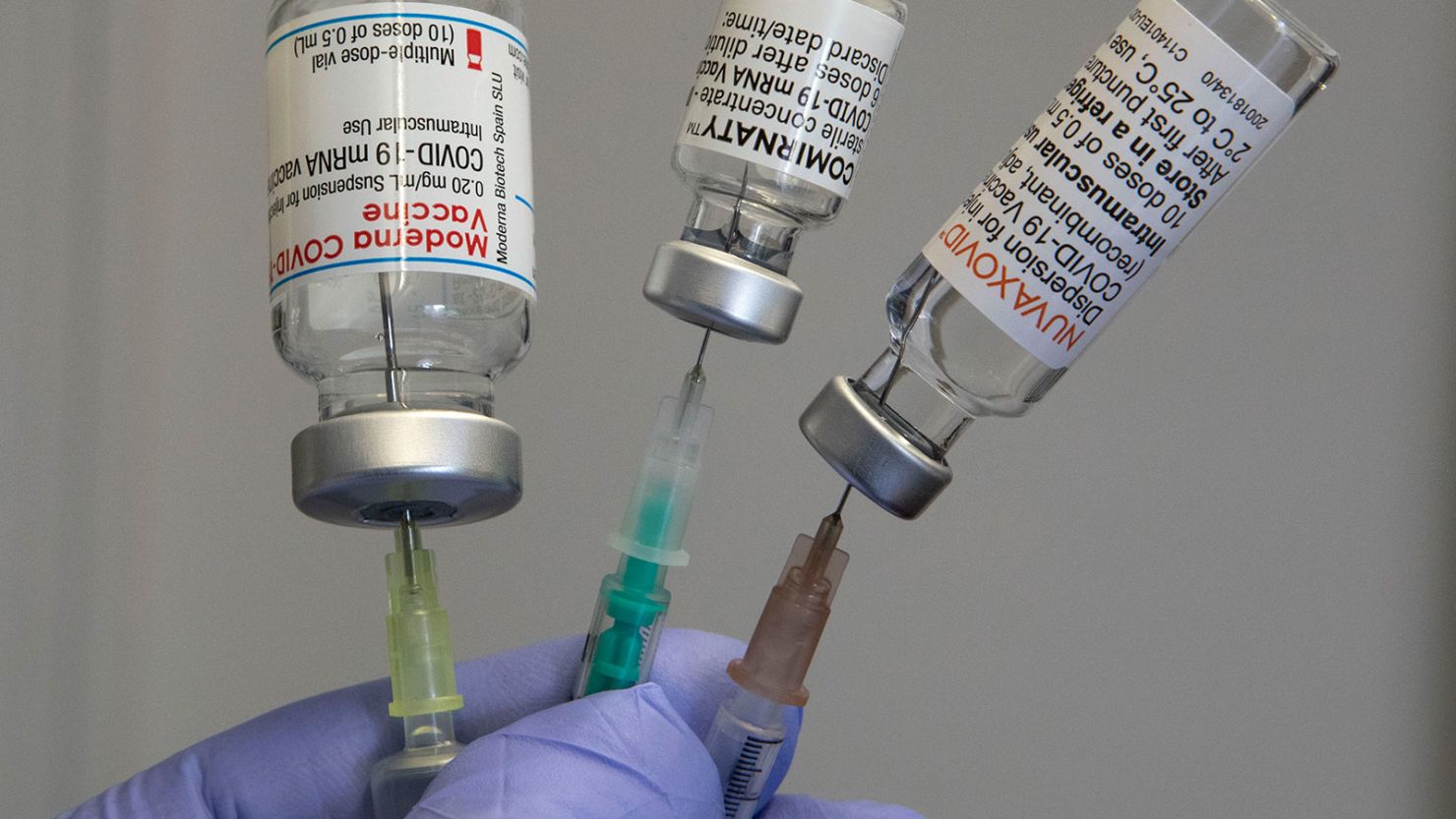 Original vaccination vials from Moderna, Comirnaty (Pfizer/BioNTech) and Nuvaxovid (Novavax) on April 27, 2022.