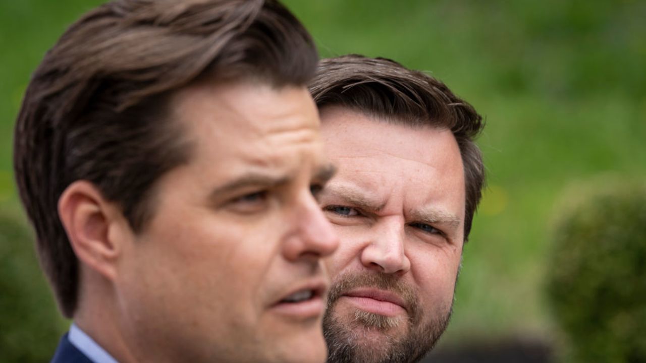 NEWARK, OH - APRIL 30: (L-R) Rep. Matt Gaetz (R-FL) and J.D. Vance, a Republican candidate for U.S. Senate in Ohio, speak to the press after a campaign rally at The Trout Club on April 30, 2022 in Newark, Ohio. Former President Donald Trump recently endorsed J.D. Vance in the Ohio Republican Senate primary, bolstering his profile heading into the May 3 primary election. Other candidates in the Republican Senate primary field include Josh Mandel, Mike Gibbons, Jane Timken, Matt Dolan and Mark Pukita. (Photo by Drew Angerer/Getty Images)