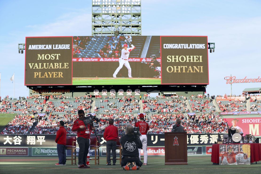 Los Angeles Angels two-way player Shohei Ohtani is honoured during a pregame ceremony at Angel Stadium in Anaheim, California, on May 10, 2022, for his 2021 American League MVP award.