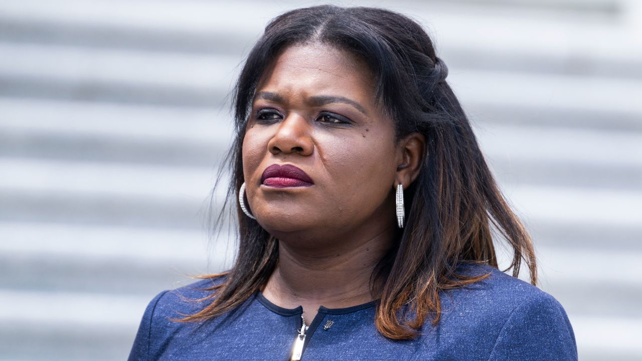 Rep. Cori Bush, D-Mo., attends an event with the Congressional Tri-Caucus to condemn the the racist mass shooting in Buffalo, on the House steps of the U.S. Capitol on Thursday, May 19, 2022.