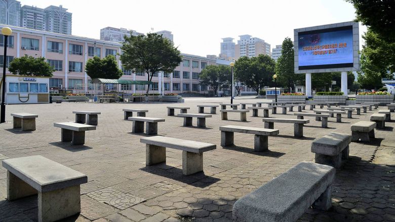 No pedestrians are seen in front of Pyongyang's main train station amid growing fears over the spread of COVID-19 on May 23, 2022.