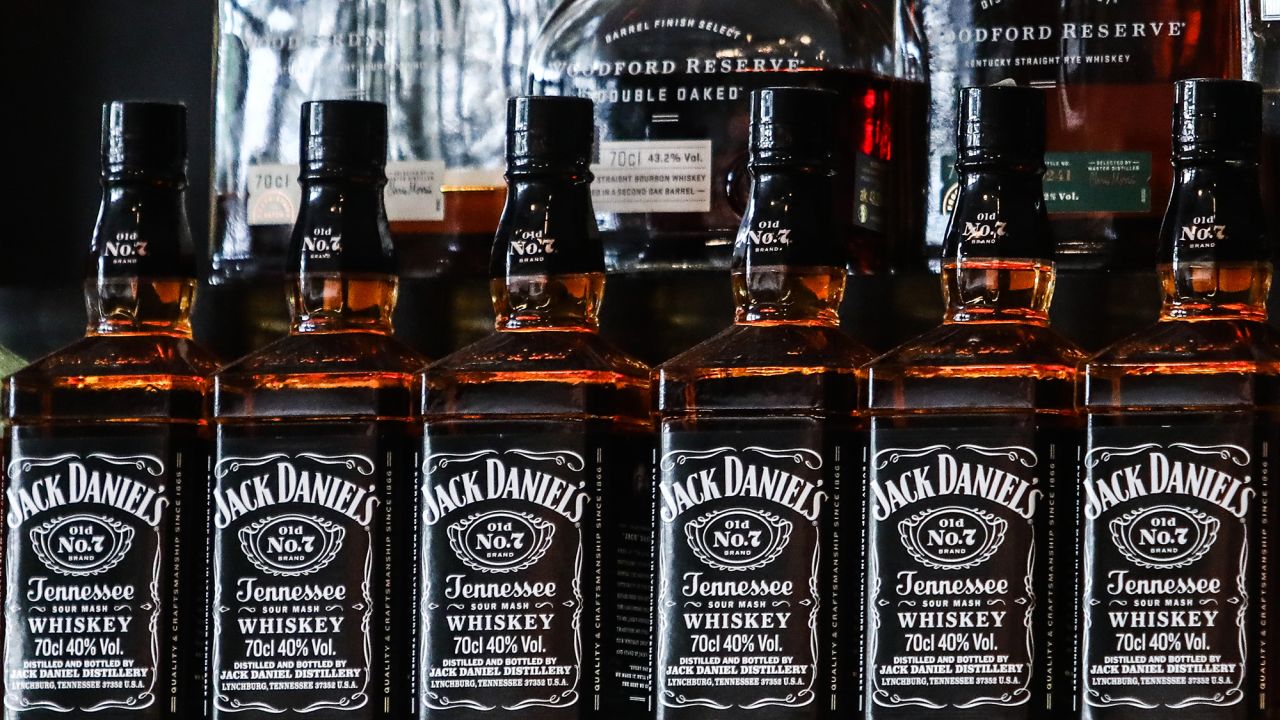 Jack Daniels whiskey bottles are seen in a bar in Krakow, Poland on May 25, 2022.