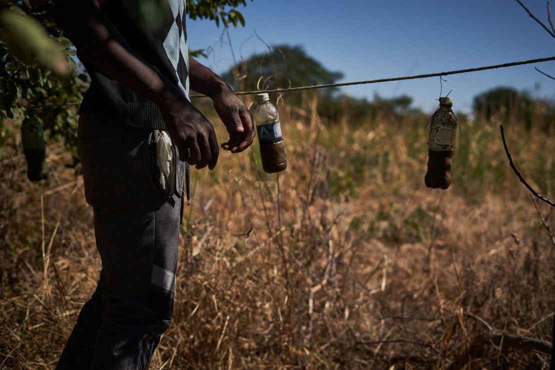 Bottiglie contenenti repellenti fatti in casa non letali si trovano attorno a una recinzione perimetrale in una casa a Dete vicino al Parco nazionale di Hwange, Zimbabwe, il 25 maggio 2022.