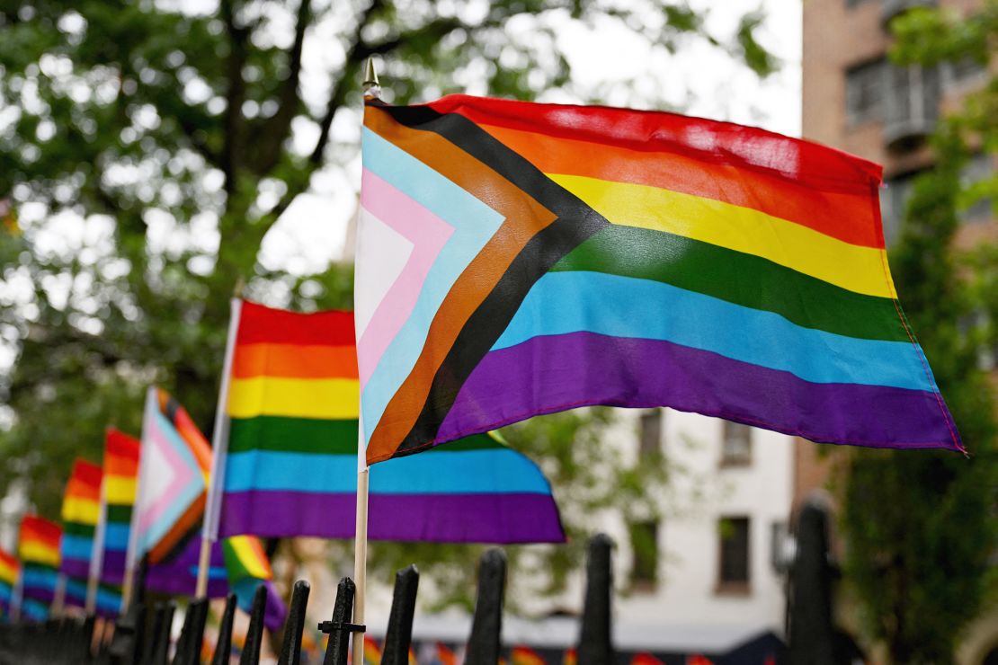 Rainbow flags, a symbol of LGBTQ+ pride and social movements, are seen outside the Stonewall Monument in New York City on June 7, 2022.