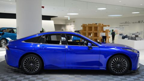 A Toyota Motor Corp. Mirai hydrogen fuel cell vehicle on display at the company's showroom in Toyota City, Aichi Prefecture, Japan, on Monday, June 13, 2022. Toyota will hold its annual shareholders' meeting on June 15. Photographer: Akio Kon/Bloomberg via Getty Images
