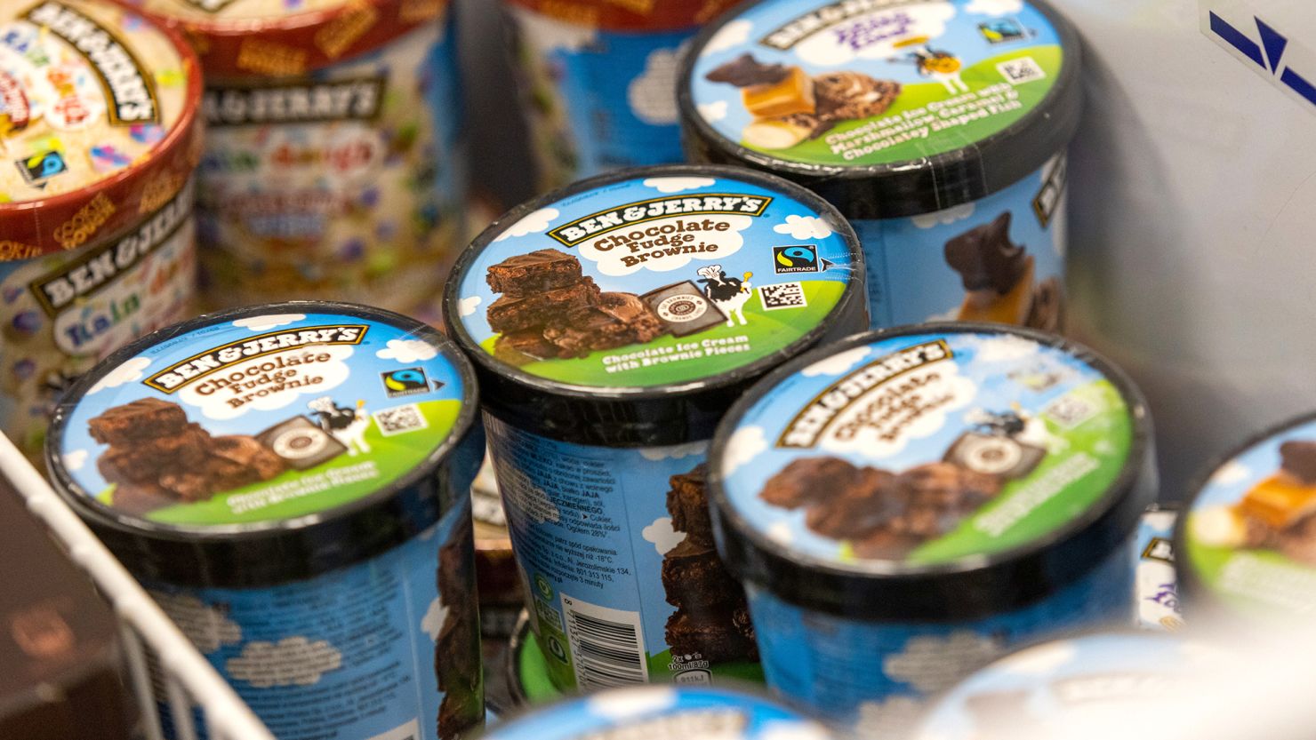 Tubs of Ben & Jerry's, manufactured by Unilever, at an Iceland Foods supermarket in Christchurch, United Kingdom, pictured in June 2022.