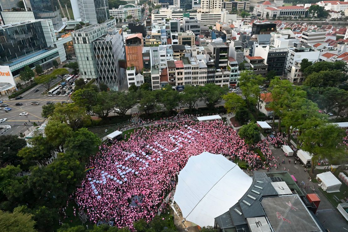 Supporters attend the annual "Pink Dot" event in a show of support for the LGBTQ+ community in Singapore on June 18, 2022.