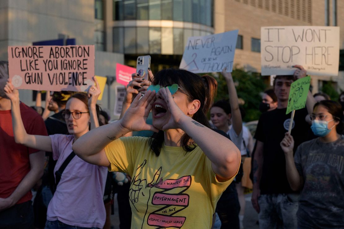 Abortion rights activists protest in St. Louis on June 24, 2022, after the overturning of Roe v. Wade.