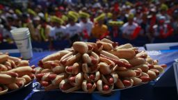 A plate full of hot dogs is seen during the 2022 Nathan's Famous Fourth of July International Hot Dog Eating Contest on July 4, 2022 in New York City.