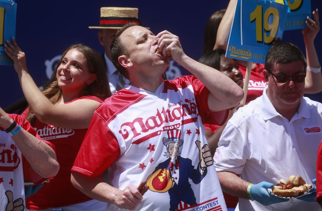 Joey Chestnut eats hot dogs during the 2022 Nathans Famous Fourth of July International Hot Dog Eating Contest on July 4, 2022 at Coney Island in the Brooklyn borough of New York City.