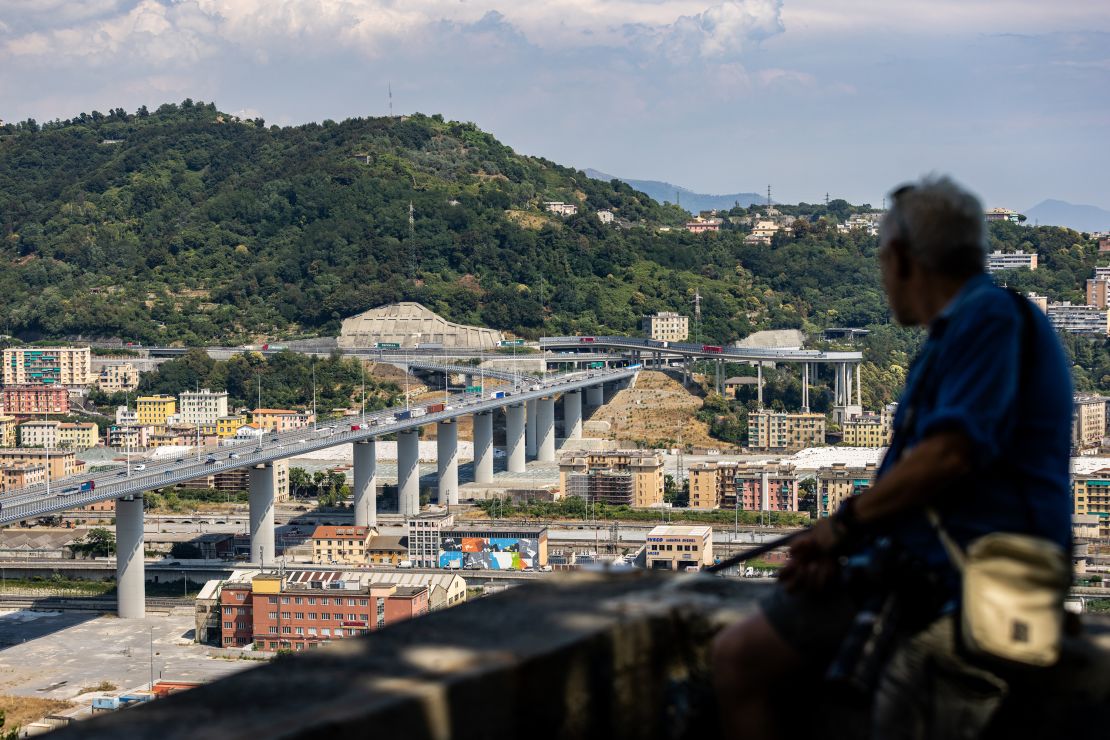 Genoa's San Giorgio highway bridge seen in July 2022. The bridge replaced the Morandi bridge, which collapsed in August 2018.