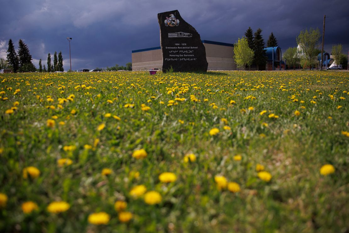 A monument honoring survivors of the Ermineskin Indian Residential School near the site where the school stood in Maskwacis, Alberta, in June 2022.