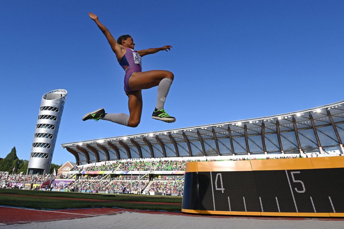 Britain's Jazmin Sawyers competes in the women's long jump final at the 2022 world championships.