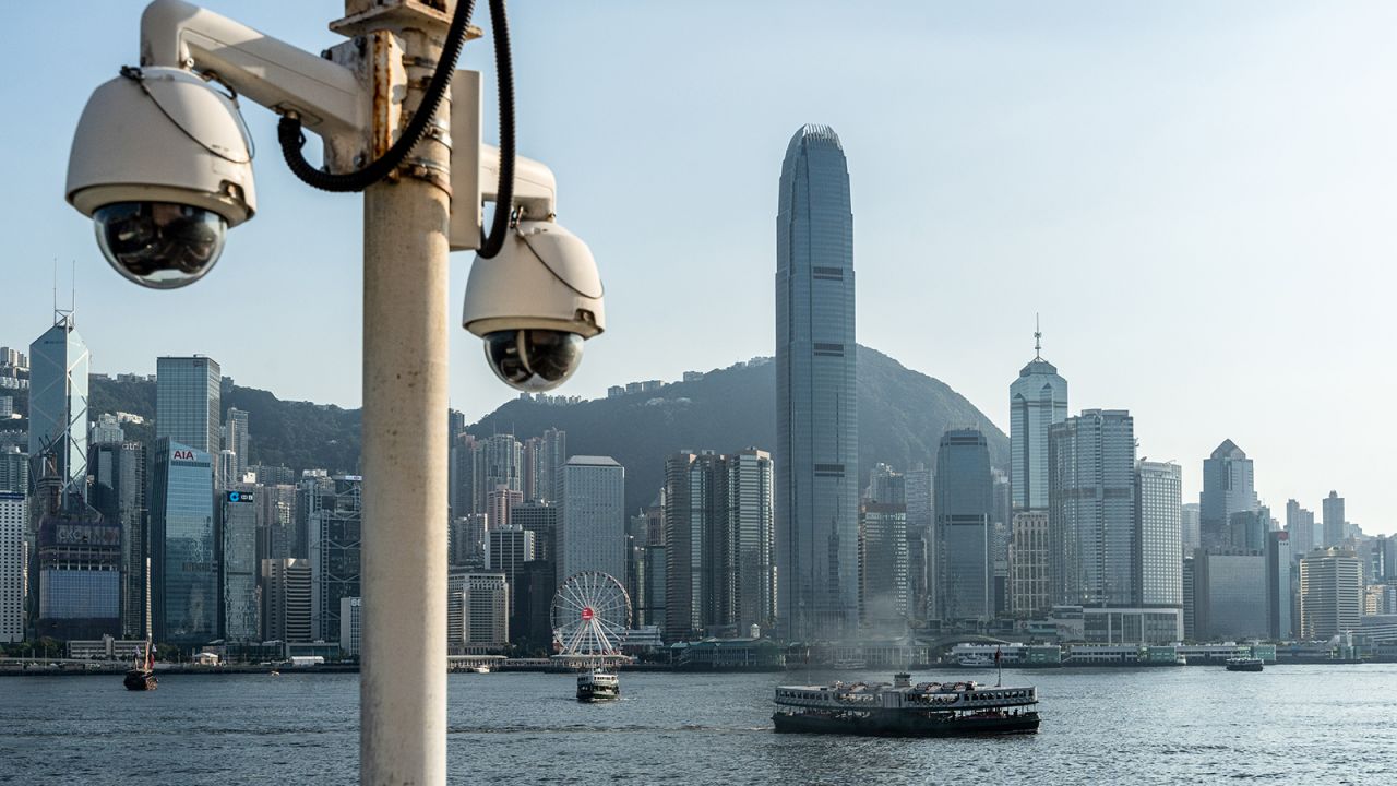 A CCTV camera is set along the promenade at Victoria Harbour in the Tsim Sha Tsui district in Hong Kong.