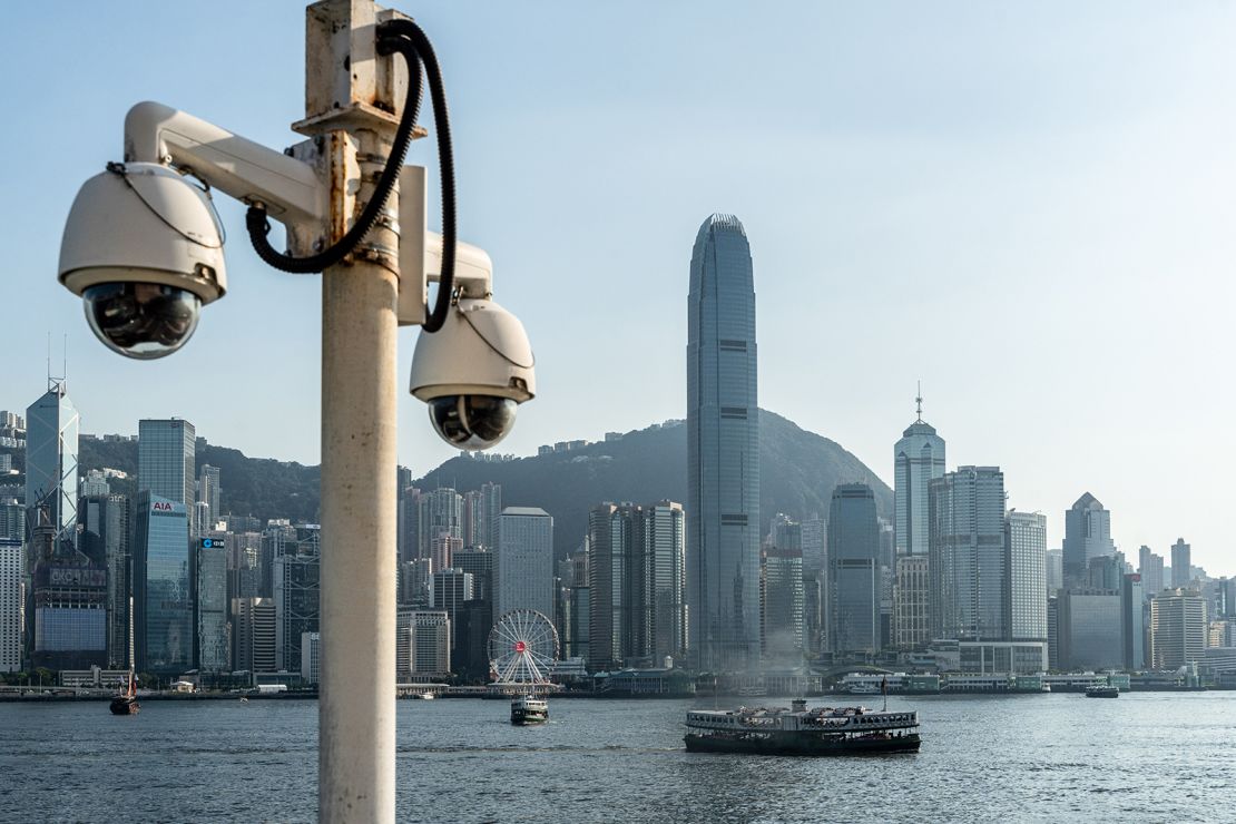 A security camera is along the promenade at Victoria Harbour, Hong Kong.