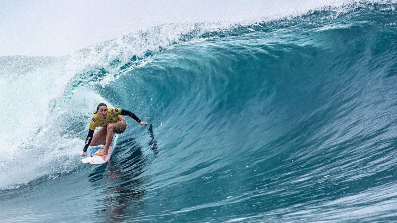 Carissa Moore of Hawaii competes in the Outerknown Tahiti Pro 2022, the Women's WSL Championship Tour, in Teahupo'o, French Polynesia on August 16, 2022. - The world's best women surfers returned to competition at "the world's heaviest wave" in Tahiti ending a 16-year absence and offering a preview of the 2024 Paris Olympics. For the first time since 2006, members of the women's World Surf League are competing in Teahupo'o, a wave respected and feared by boardriders worldwide. (Photo by Jerome Brouillet / AFP) (Photo by JEROME BROUILLET/AFP via Getty Images)