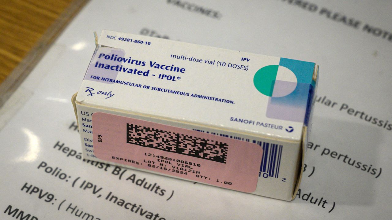 A polio vaccine box is dislayed at a health clinic in Brooklyn, New York on August 17, 2022. In July, a polio case was reported in Rockland County, about 30 miles (50 kilometers) northwest of Manhattan -- the first one in the United States in nearly a decade. (Photo by Ed JONES / AFP) (Photo by ED JONES/AFP via Getty Images)