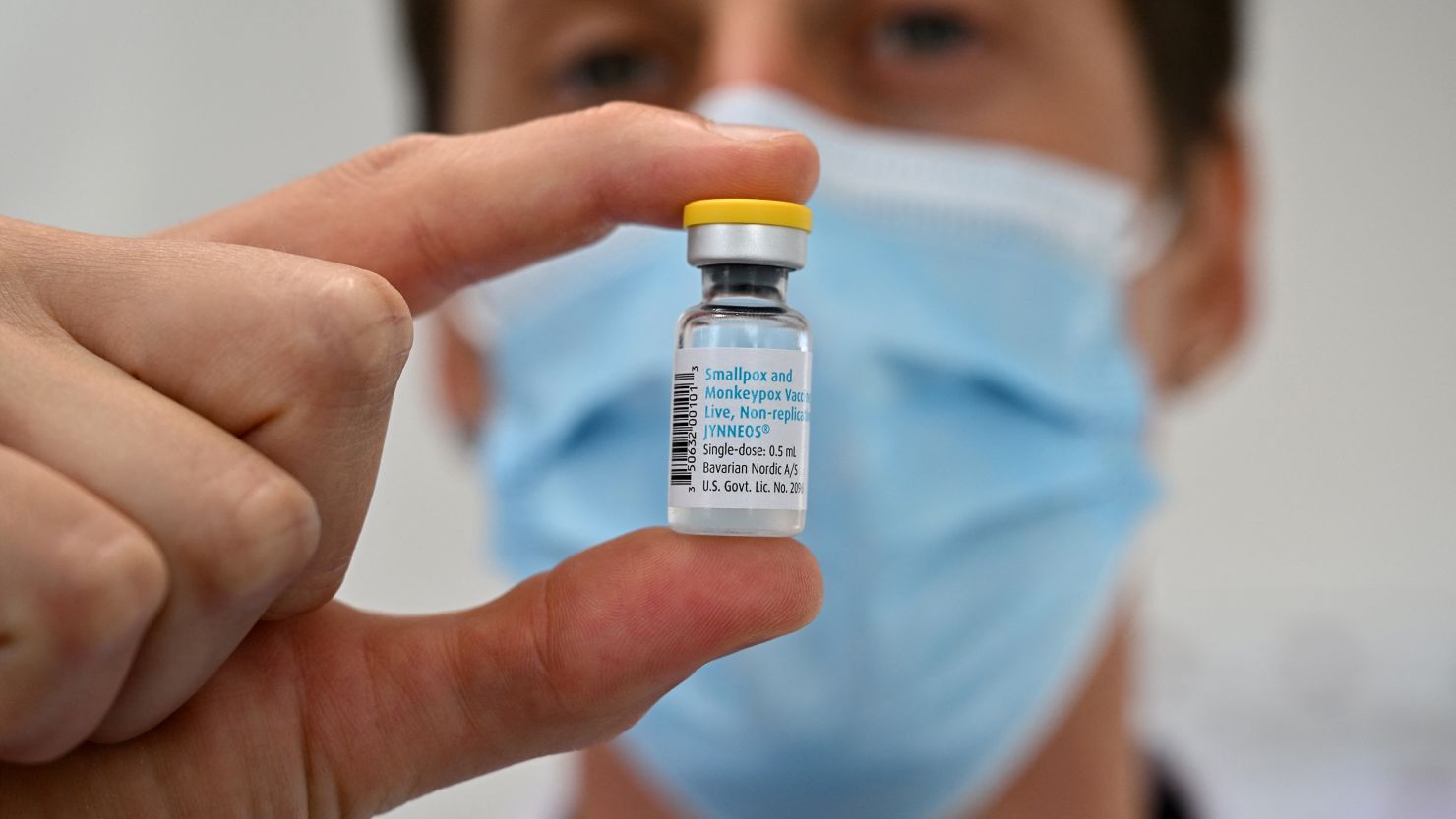 A doctor shows a vial of the Jynneos monkeypox vaccine by Danish vaccine developer Bavarian Nordic at a Centre gratuit d'information, de dépistage et de diagnostic (CeGIDD) in Montpellier, southern France on August 23, 2022. (Photo by Pascal GUYOT / AFP) (Photo by PASCAL GUYOT/AFP via Getty Images)