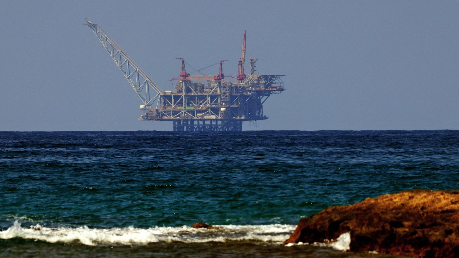 The Leviathan natural gas field in the Mediterranean Sea is seen from Israel's northern beach of Nasholim in August 2022.