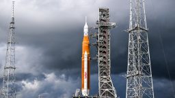 TOPSHOT - The Artemis I unmanned lunar rocket sits on the launch pad at the Kennedy Space Center on September 2, 2022. NASA will make a second attempt to launch its powerful new Moon rocket on September 3, after scrubbing a test flight earlier in the week. The highly anticipated uncrewed mission will bring the US a step closer to returning astronauts to the Moon five decades after humans last walked on the lunar surface. (Photo by CHANDAN KHANNA / AFP) (Photo by CHANDAN KHANNA/AFP via Getty Images)