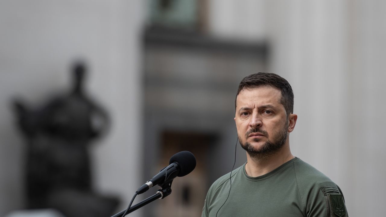 KYIV, UKRAINE - SEPTEMBER 09: Ukrainian President Volodymyr Zelensky is seen during his t press conference with Polish PM Mateusz Morawiecki and Latvian President Egils Levits on September 9, 2022 in Kyiv, Ukraine. As war wages in eastern Ukraine, Belarus' military drills near the border with Poland, EU nations are increasingly concerned over safety at their borders as well as the energy sources this winter. (Photo by Alexey Furman/Getty Images)