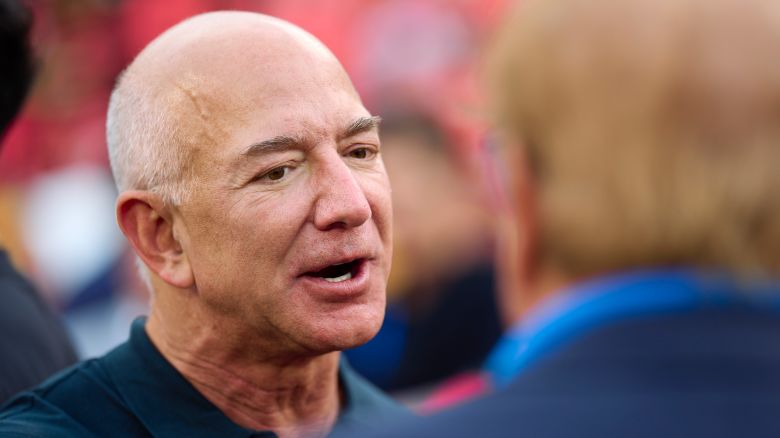 Jeff Bezos looks on from the sidlines before kickoff between the Kansas City Chiefs and Los Angeles Chargers at GEHA Field at Arrowhead Stadium on September 15, 2022 in Kansas City, Missouri.