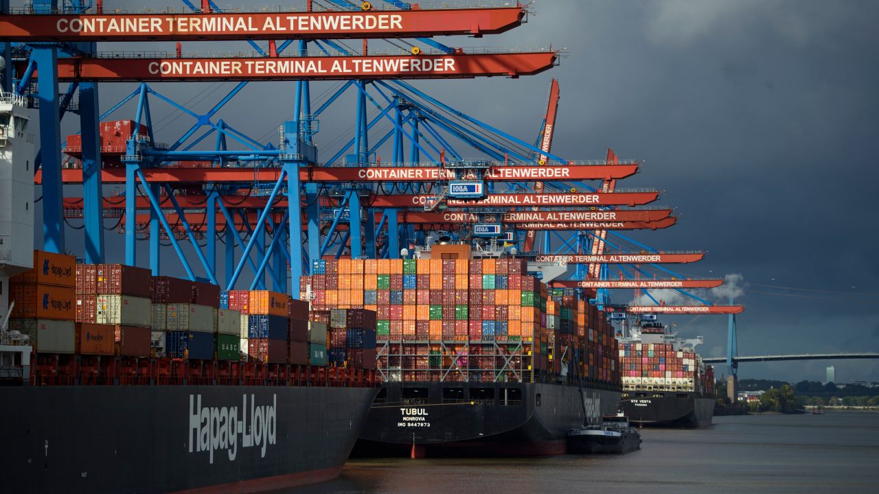 HAMBURG, GERMANY - OCTOBER 03: Multiple container ships are docked at Container Terminal Altenwerder at Hamburg Port on October 3, 2022 in Hamburg, Germany. The German economy, and German industry in particular, are facing a foreboding combination of skyrocketing energy costs, the possibility of energy shortfalls this coming winter and a likely German economic recession, all of which are consequences stemming from Russia's ongoing war in Ukraine. (Photo by Gregor Fischer/Getty Images)