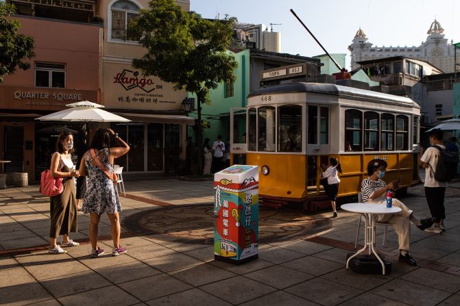 <strong>Little Lisbon: </strong>There are still Portuguese influences throughout the city, like this yellow streetcar in Taipa.
