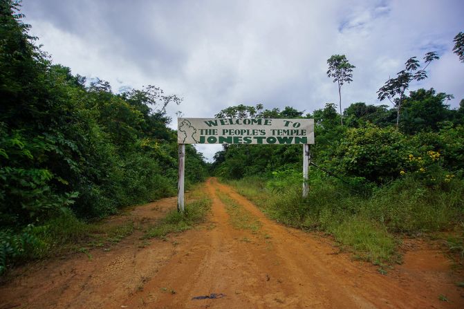 The welcome sign at the entrance of Jonestown, Guyana in 2022. More than 900 people died in a mass murder-suicide in Jonestown in 1978.