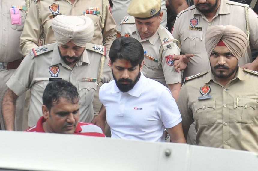 Lawrence Bishnoi coming out of court in Amritsar, India on October 31, 2022.