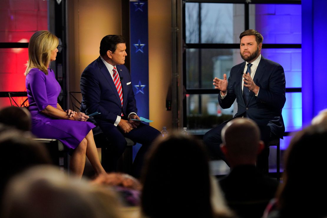 JD Vance speaks at a town hall-style debate hosted by Bret Baier and Martha MacCallum of Fox News on November 1, 2022, in Columbus, Ohio.