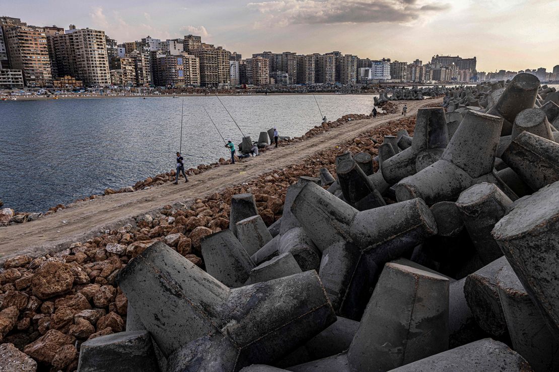 Concrete blocks installed to break the Mediterranean sea waves in Alexandria. Thousands of the city's old buildings are at risk from sea level rise and salt water intrusion.