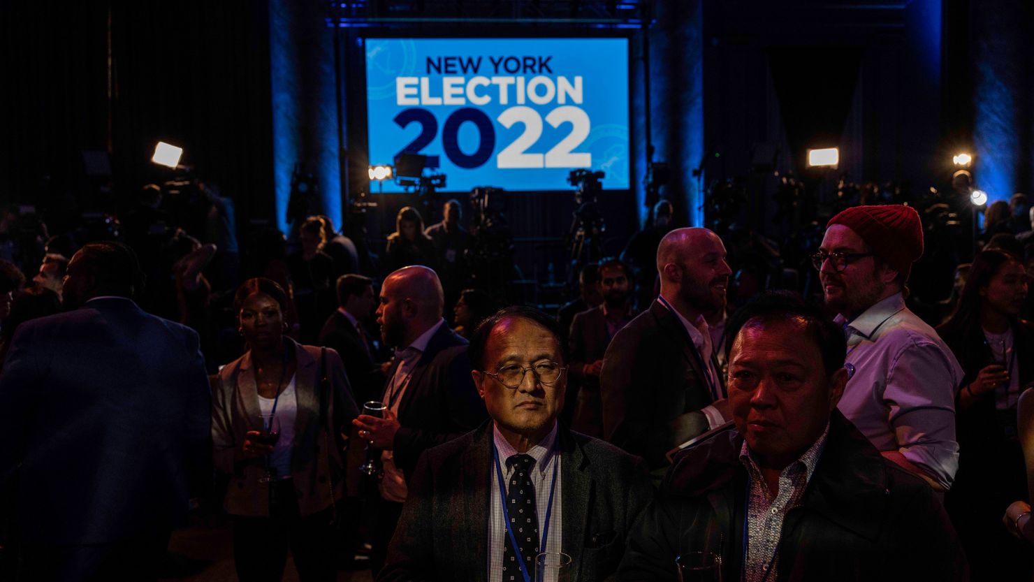 People wait on the New York gubernatorial race to be called at an election night party for Gov. Kathy Hochul in New York City on November 8, 2022.