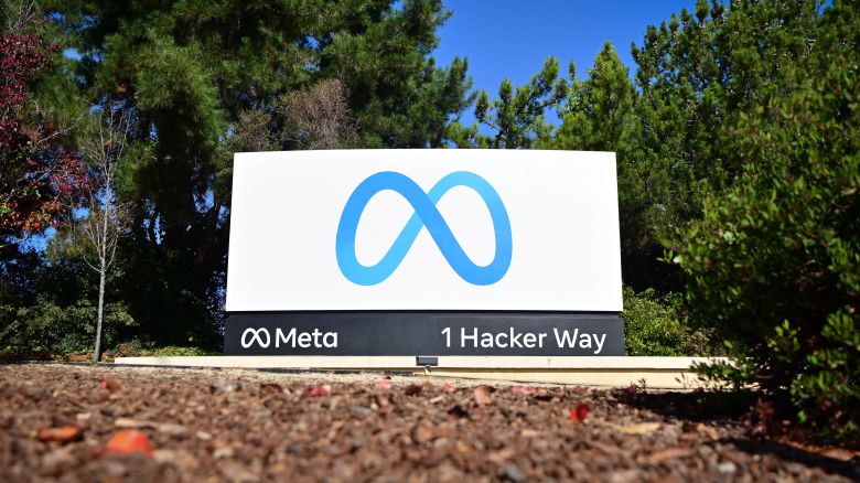 The Meta (formerly Facebook) logo marks the entrance of their corporate headquarters in Menlo Park, California on November 09, 2022.