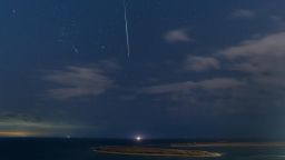 This photo taken on Nov. 17, 2022 shows the Leonid meteor shower pictured at the seaside of Vladivostok, Russia. (Photo by Guo Feizhou/Xinhua via Getty Images)