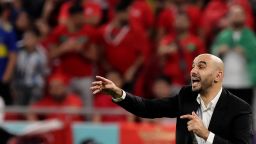 Morocco's coach Walid Regragui shouts instructions to his players from the touchline during the Qatar 2022 World Cup Group F football match between Belgium and Morocco at the Al-Thumama Stadium in Doha on November 27, 2022. (Photo by JACK GUEZ / AFP) (Photo by JACK GUEZ/AFP via Getty Images)
